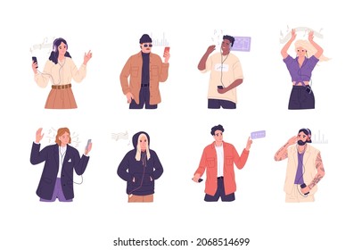 People in headphones and earphones listening to music records and audio podcasts with mobile phones. Set of modern men and women with smartphones. Flat vector illustration isolated on white background