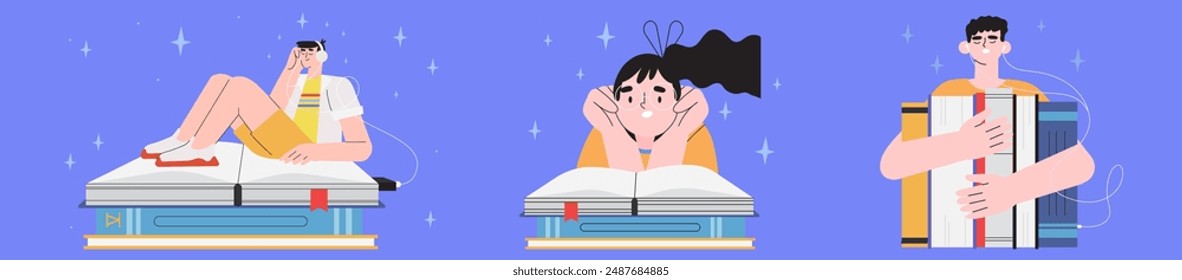 People with headphones listen books or read online in mobile application set. Concept of reading or online library, e-book, education. World book reading day illustration for banner, flyer, ad.