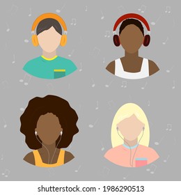 People in headphones listen to music. Flat illustration in pastel colors. Vector illustration.