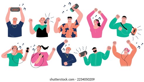 People in headphones listen music. Teenager sound in mobile, young girl boy dance. Song in smartphone and mobile speaker, sapid happy vector characters