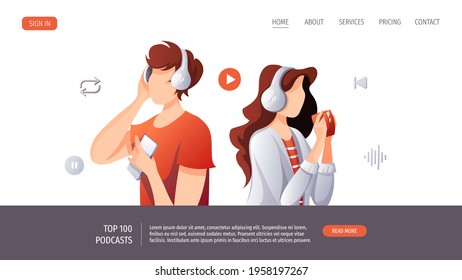People with headphones listening to music, audio book or podcast. E-learning, online courses, relaxing concept. Vector illustration for website, poster, banner.