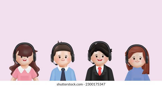 People with headphones and microphone Customer support website. Concept illustration for support, assistance, call center. 3d render cartoon vector design.