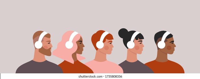 People In Headphones. Set Of Men And Women Listening To Music, Podcast, Audio. Isolated Flat Vector Illustration With Group Of Young People Drawn In Trendy Style