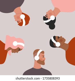 People in headphones. Set of men and women listening to music, podcast, audio book. Isolated flat vector illustration with group of young people drawn in trendy style
