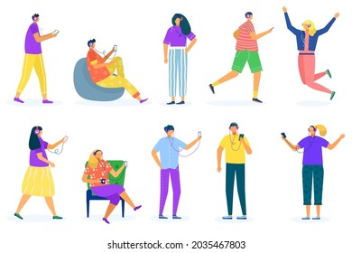 People in headphones set, vector illustration. Young man woman character listen music, isolated on white collection. Flat happy girl guy dance