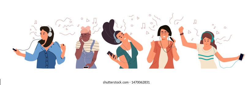 People with headphones. Yong boys and girls listen to music and enjoy sound. Vector illustration hand drawn cartoon characters set listening audio through earphone