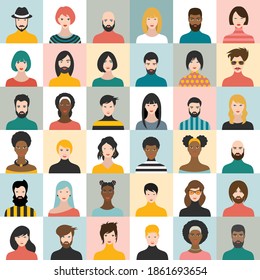 People heads icons. Face avatar. Man; woman in flat style. Vector.