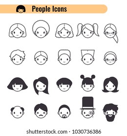 People Heads Icons Set in Black Color