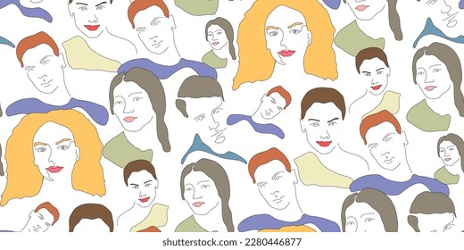 La gente lidera un patrón impecable. Retratos abstractos de diferentes cabezas de personas. Esbozo en línea de la cara de hombre y mujer. Ilustración vectorial en forma de dibujos animados planos para camisetas, papel envolvente, impresión textil