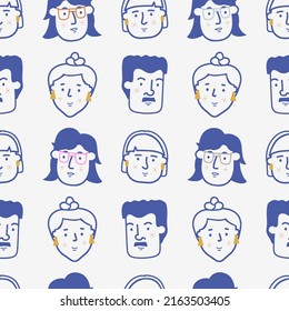 La gente lidera un patrón impecable. Textura dibujada a mano con caracteres para textil, papel envolvente, diseño de marca. Vector aislado con caras. Muchacha y muchacho, todo en uno