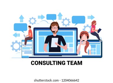 people headset call center operator online support consulting team concept flat horizontal vector illustration