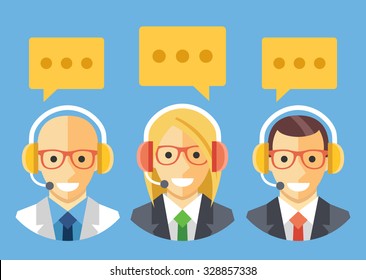 People with headset. Technical support, customer support, call center staff. Modern flat design concepts for web banners, web sites, printed materials, infographics. Creative vector illustration