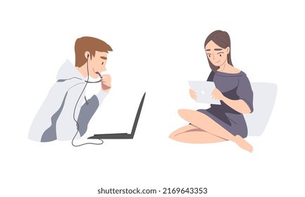 People with headset working with laptop computer set cartoon vector illustration