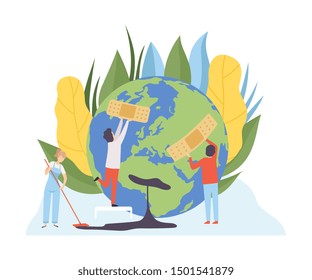 People Healing Planet Wounds with Medical Adhesive. Volunteers Taking Care About Planet Ecology, Environment, Nature Protection Flat. Vector Illustration.