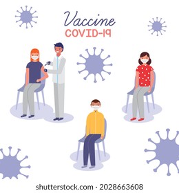 people in health center vaccinating between virus. vaccine covid 19. vector illustration