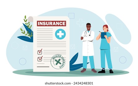 People with health insurance. Man and woman in medical coats near contract and agreement. Heath care and treatment, medicine. Cartoon flat vector illustration isolated on white background