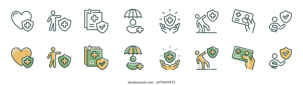 Menschen Krankenversicherung Icon Vektorgrafik Set Safety Shield Medical Care Assurance Policy mit Kreuzzeichen Illustration für Web und App