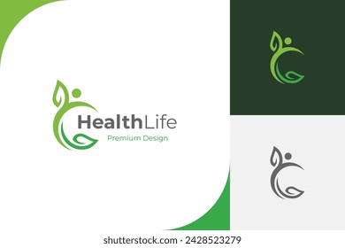 people health life logo icon design. people grow with green leaf icon symbol for health lifestyle logo illustration design element