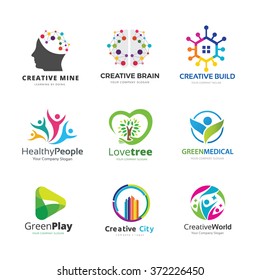 People And Health Logo Collection, Pictorial Marks Design With, Human, Brain, Creative Building, Ecology, Family And Green Symbol.