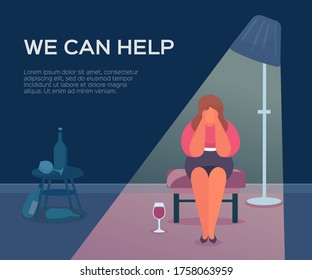 People health, psychologist we can help, vector illustration. Session therapy for patient group, psychology female support. Counseling conversation about depression, woman alcoholic in stress. svg
