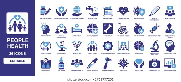 People Health solid vector glyph icon set with medical healthcare, vaccine syringe, dental care, mental health, heart fitness, patient consultation, and laboratory research for clinic.