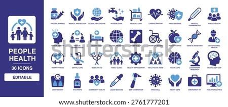 People Health solid vector glyph icon set with medical healthcare, vaccine syringe, dental care, mental health, heart fitness, patient consultation, and laboratory research for clinic.