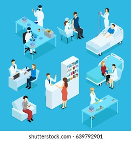 People and healthcare isometric set with doctors patients medical preparation examination treatment consultation pharmacy isolated vector illustration 