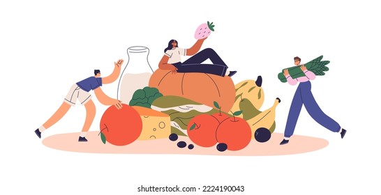 Gente y comida sana de granja. Pequeños personajes con cosecha ecológica local, productos lácteos, vegetales vitamínicos, cultivos, frutas, leche y queso. Ilustración vectorial plana aislada en fondo blanco