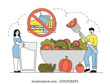 People with healthy food. Man and woman near bowl with vegetables. Healthy eating and proper diet, nutrition. Tasty meal from fresh products. Linear vector illustration