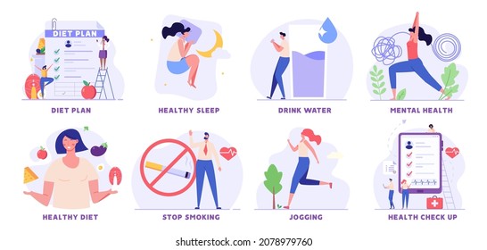 People with healthy habits. Physical and mental wellness set. Women doing yoga exercises, planning diet and meditating. Collection of healthy sleep, stop smoking, drink water, morning running