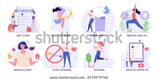 People\
with healthy habits. Physical and mental wellness set. Women doing\
yoga exercises, planning diet and meditating. Collection of healthy\
sleep, stop smoking, drink water, morning\
running