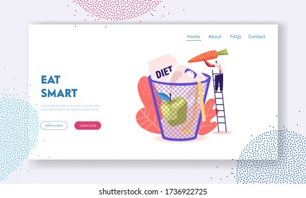 People Healthy Life Disruption Landing Page Template. Diet Failure. Tiny Male Character Throw Carrot, Weights and Apple to Huge Basket. Fast Food Unhealthy Eating, Failure. Cartoon Vector Illustration