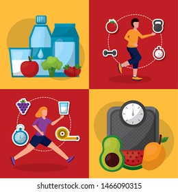 People and healthy lifestyle design, Fitness bodybuilding bodycare activity exercise and diet theme Vector illustration