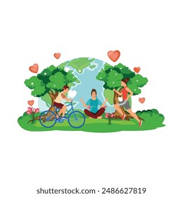People with a healthy lifestyle. Running, cycling and yoga every day. World Health Day concept. Flat vector illustration.