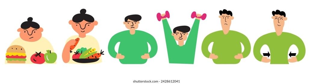 People. Healthy and unhealthy lifestyles. Obesity and healthy eating. Fitness. Flat design. Hand drawn illustrations on white background. 