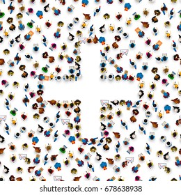 People in the heap in the form of a symbol plus. Vector illustration