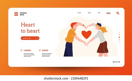People with heart landing. Home page for volunteer organization or dating site template with cartoon characters holding hearts. Vector web page layout of volunteer group community illustration