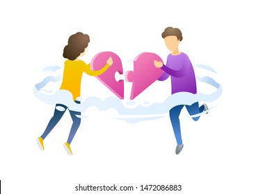 People with heart mosaic flat vector illustration. Perfect match, love in air metaphor. Boyfriend and girlfriend holding heart puzzle pieces cartoon characters. Building romantic relationships.