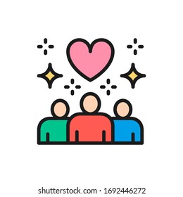 People with heart shape, donations, volunteering, friendly color line icon.