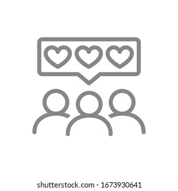 People with hearts in chat bubble line icon. Client satisfaction, happy customers, positive feedback, like symbol