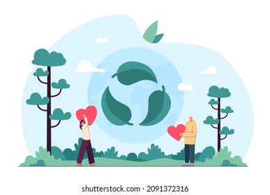 People with hearts fighting against pollution. Reuse, reduce, recycle symbol, green energy, zero waste, save Earth scene flat vector illustration. Recycling, eco friendly lifestyle concept for banner