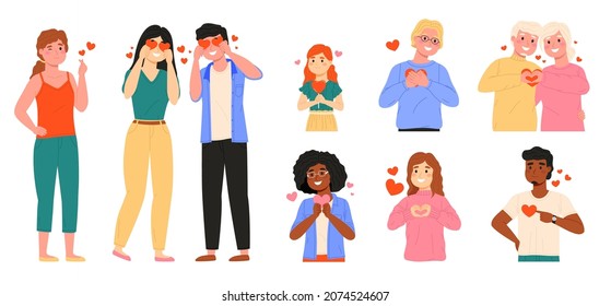 People with hearts. Happy men and women love symbols in hands, volunteering and donation concept, characters give valentines, romantic and friends relationships, vector cartoon isolated set