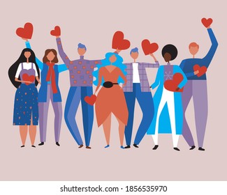 Personas con corazones aislados. Ilustración de material vectorial plano. Gráficos vectoriales de personas con corazones. Concepto de fiesta, día de San Valentín, corazón. Ilustración de personas, hombre, mujer