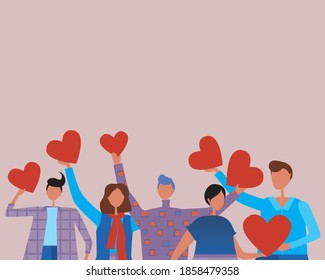 People with hearts isolated, template. Flat vector stock illustration. Place for text and people with hearts. Valentine's day party concept. Copy space template illustration