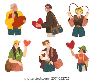 People with hearts, vector sticker or clipart set. Men and women hold hearts in hands. Sign that means to give a love, romance or donation symbol. Confession of love. Valentines day greeting images.