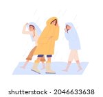 People in heavy rain with flood, walking in puddle. Extreme bad rainy weather. Men and women in raincoats going under severe rainfall. Flat vector illustration of downpour isolated on white background