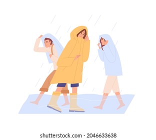 People in heavy rain with flood, walking in puddle. Extreme bad rainy weather. Men and women in raincoats going under severe rainfall. Flat vector illustration of downpour isolated on white background