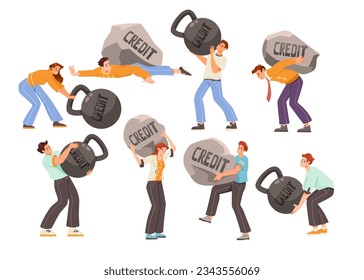 People with Heavy Stone and Kettlebell as Severity of Loan and Mortgage Vector Set