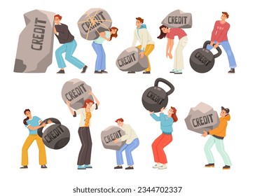 People with Heavy Stone and Kettlebell as Severity of Loan and Mortgage Vector Set