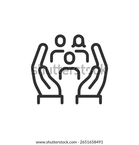 People held by hands, linear icon. Community care and social support. Line with editable stroke.